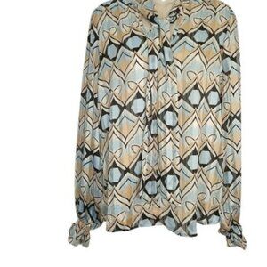 Haver + Blair London Womens Tie Neck Bow Blouse Pink Blue Metallic Geometric M